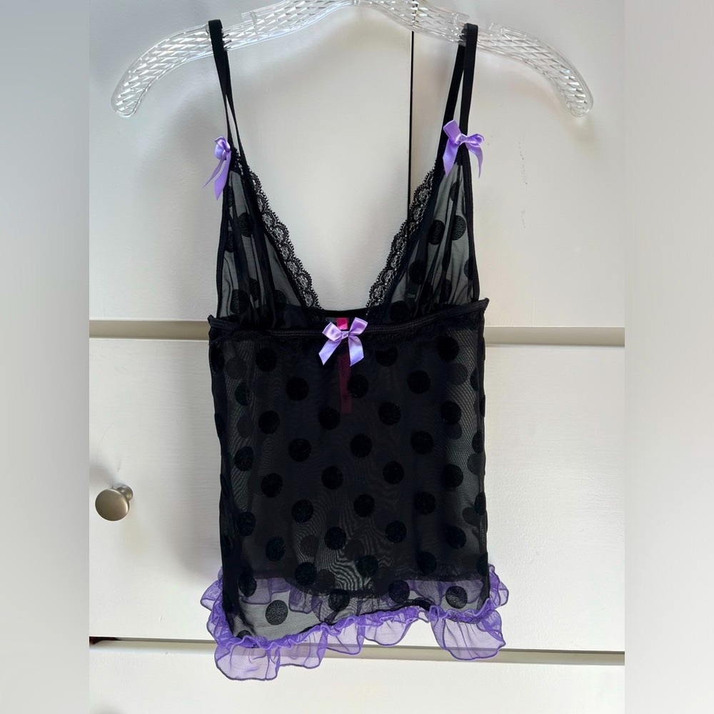 7 til Midnight black on black polka dot and purple cami and panty set. Size S/M
